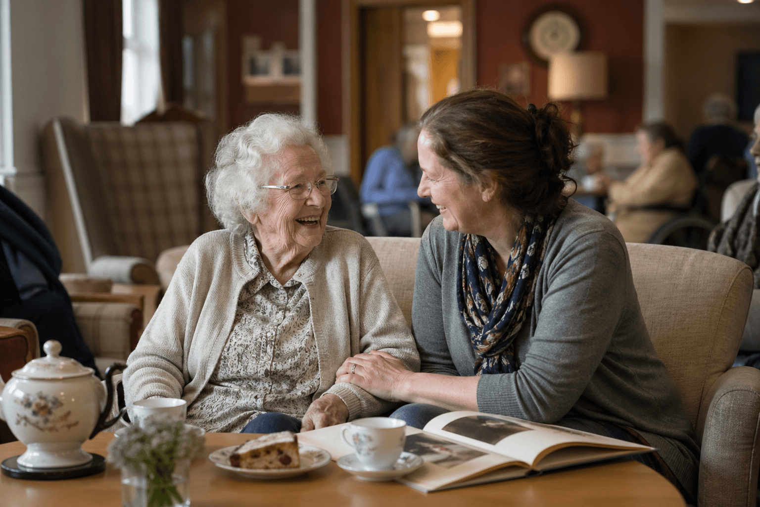 Two residents sharing a laugh on a sofa in a sunlit care home lounge while another reads the paper, tea set on the table.